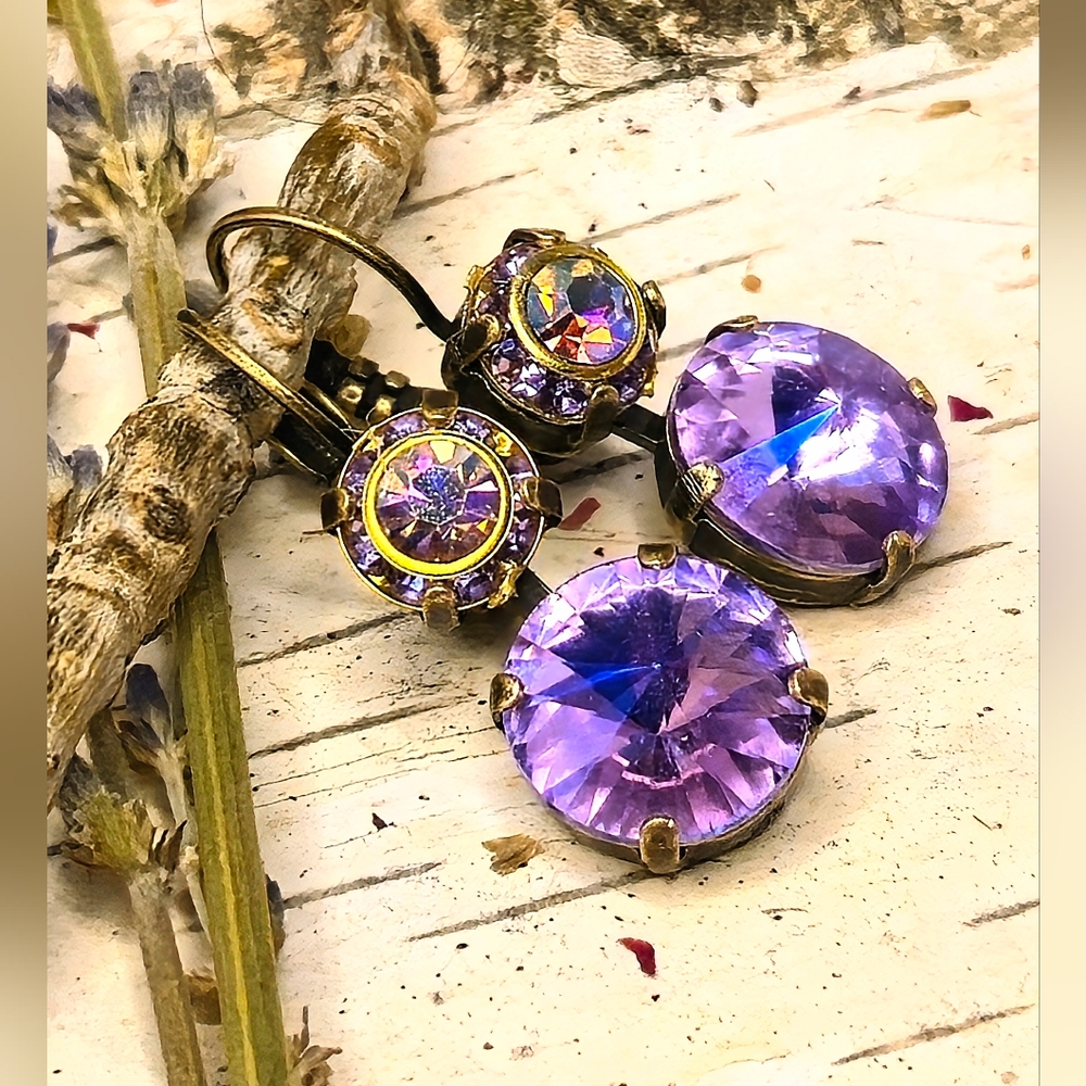 Purple Lilac Lavender Flower Swarovski Crystal In Two Stone Drop Brass Earrings